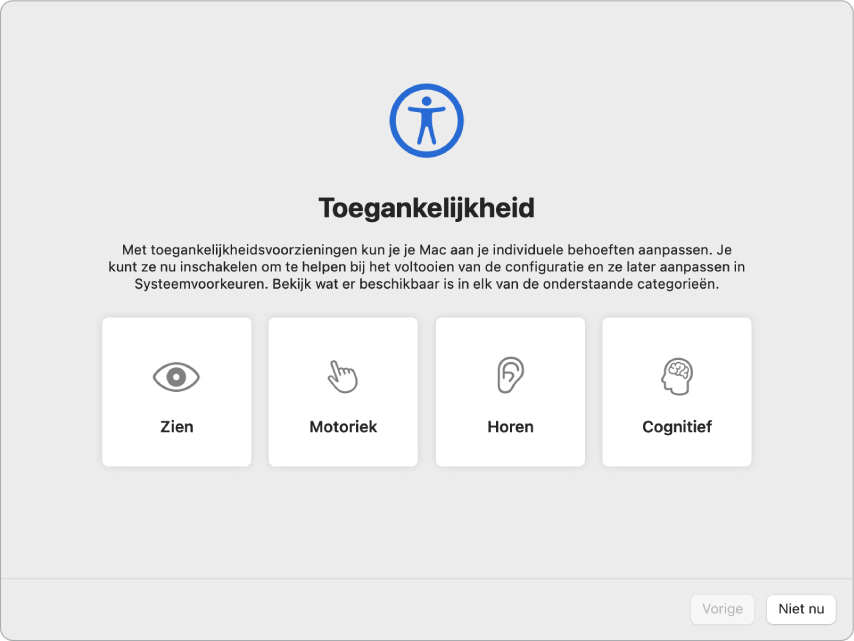 Een Mac-scherm met de toegankelijkheidsopties in de Configuratie-assistent.