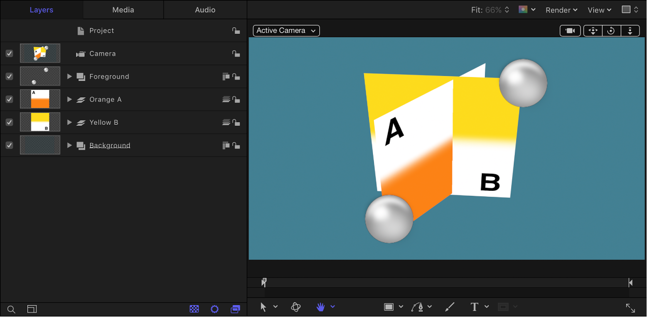 Layers list and canvas showing layer arrangement containing both 2D and 3D groups