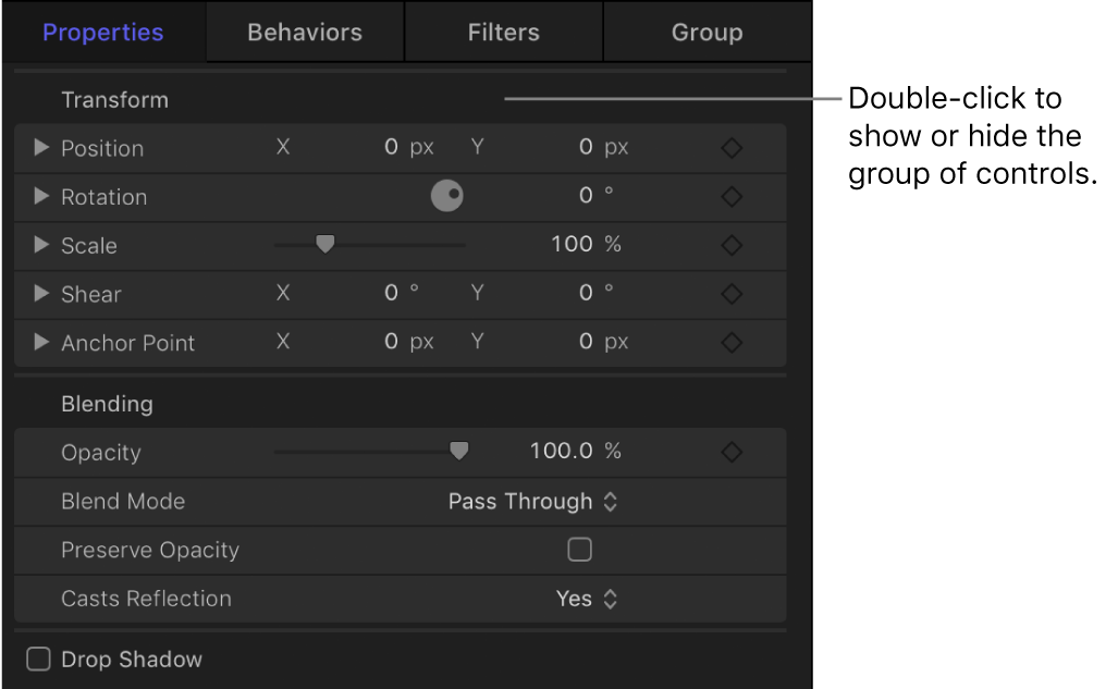 Inspector showing an open group of parameter controls and a closed group of parameter controls