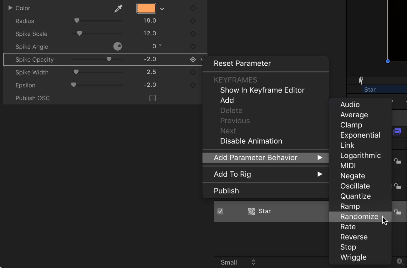 Generator Inspector showing shortcut menu of parameter behaviors