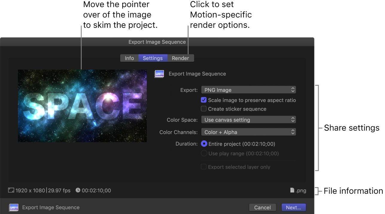 Settings pane of Export Image Sequence window