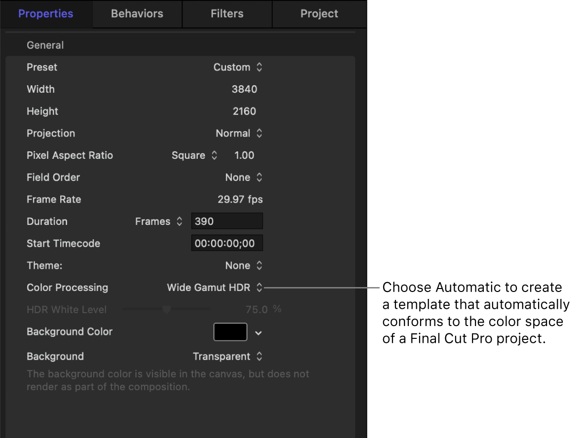 Project Properties Inspector showing Color Processing pop-up menu