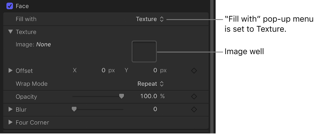 Text Inspector with Text Face “Fill with” parameter set to Texture, revealing image well