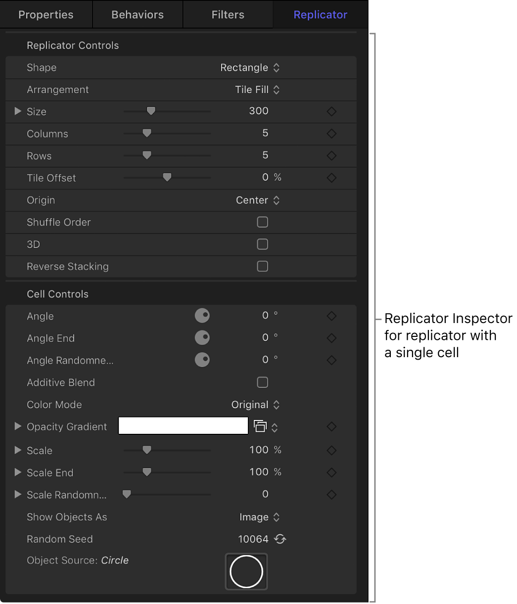 Replicator Inspector showing parameters for replicators with a single cell, or multiple cells