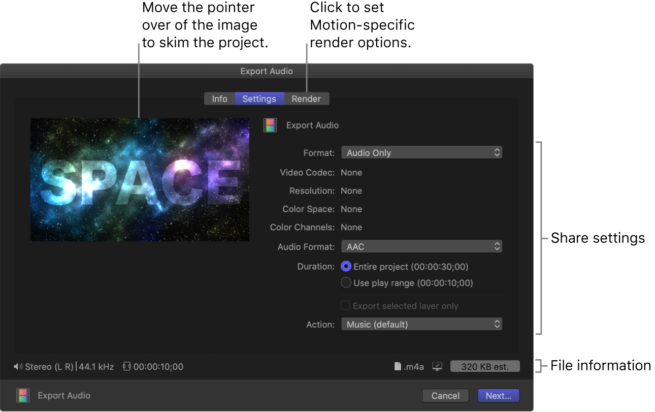 Settings pane of Export Audio window