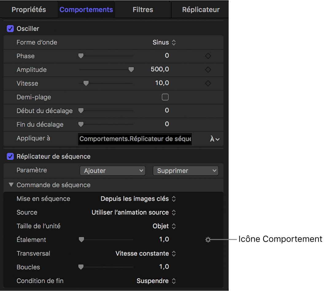 Inspecteur de comportements affichant l’icône du comportement Paramètre dans le menu Animation pour le comportement Réplicateur de séquence