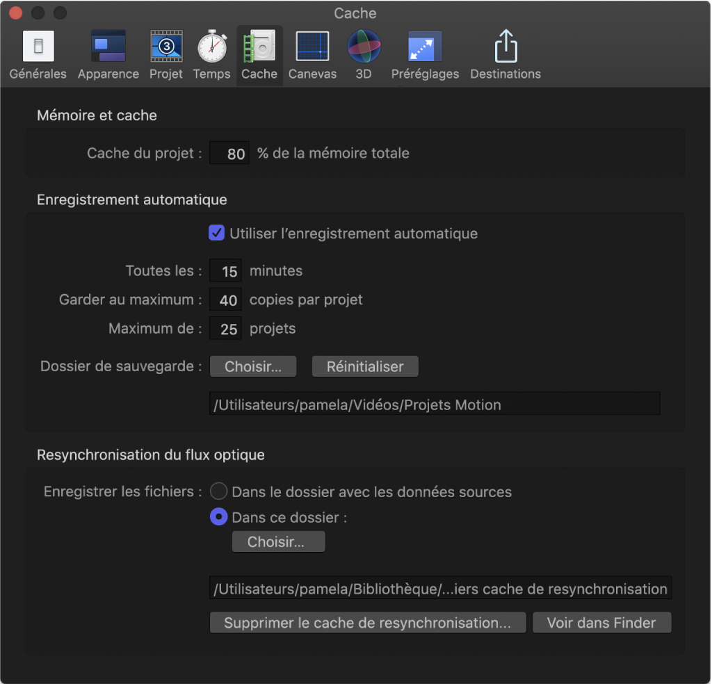 Fenêtre Réglages de Motion montrant la fenêtre Cache