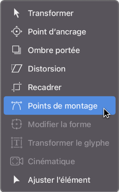 Sélection de l’outil Points de montage dans les outils de transformation de la barre d’outils du canevas