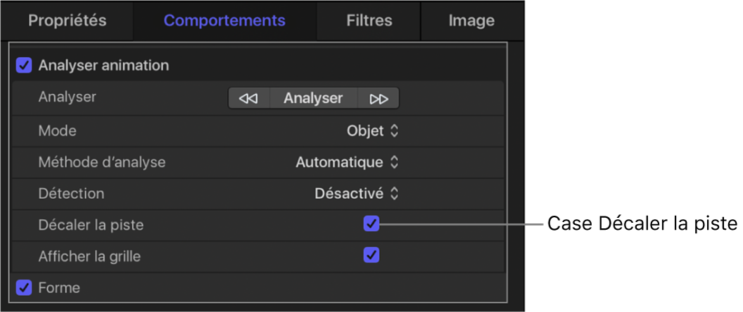 Palette affichant les commandes du comportement Stabiliser qui contient la case Décaler la piste