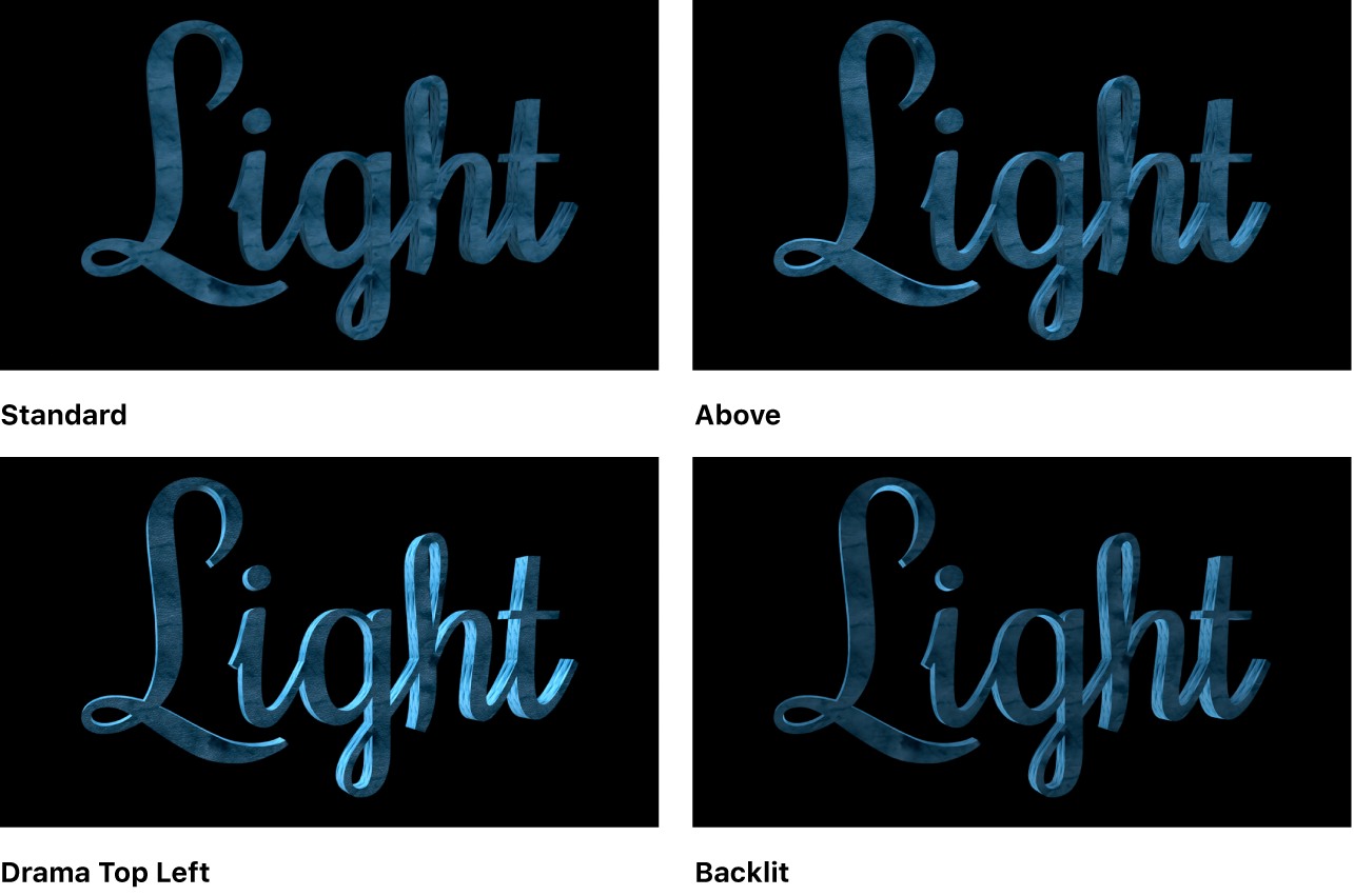 밝기 스타일이 표준, 상단, 드라마 상단 왼쪽 및 백라이트로 설정된 3D 텍스트 대상체를 보여주는 캔버스