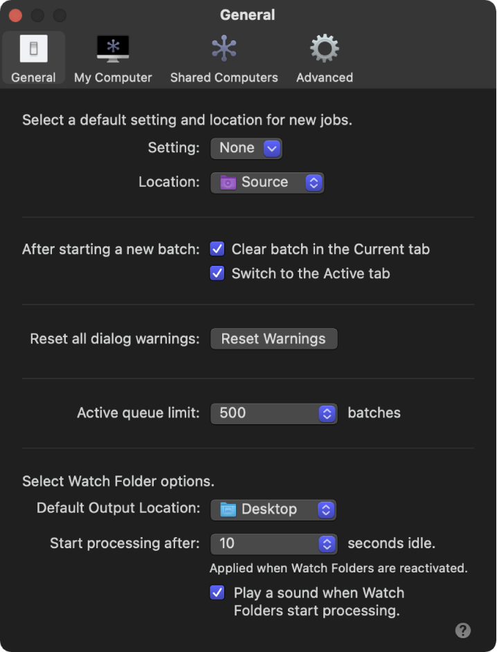 General settings pane