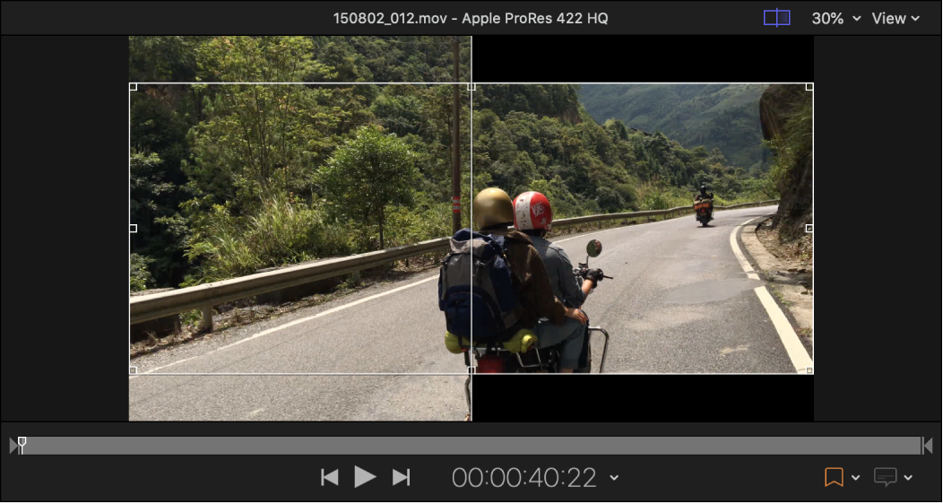 Área de vista previa con un ejemplo de recorte de Panavision 2.35:1 desde un origen 16 x 9.