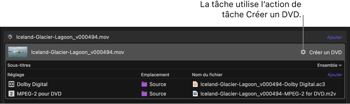 Tâche dans la zone du lot, contenant une action.