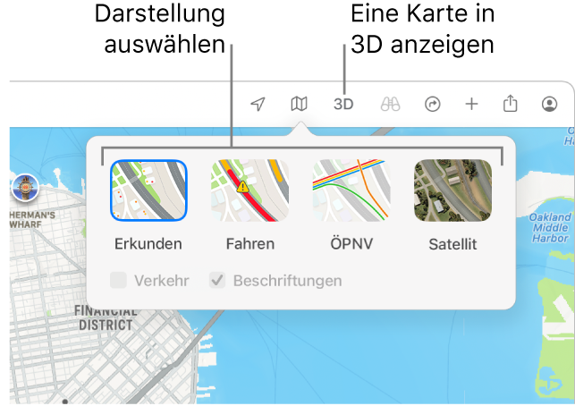 Eine Karte von San Francisco mit Optionen für die Kartendarstellung: Standard, ÖPNV, Satellit und 3D.