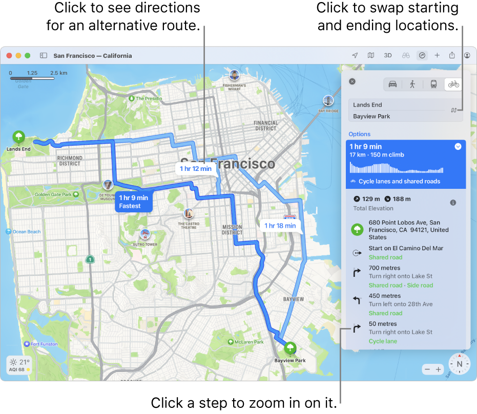 A map of San Francisco with directions for a bicycle route, including elevation and traffic.