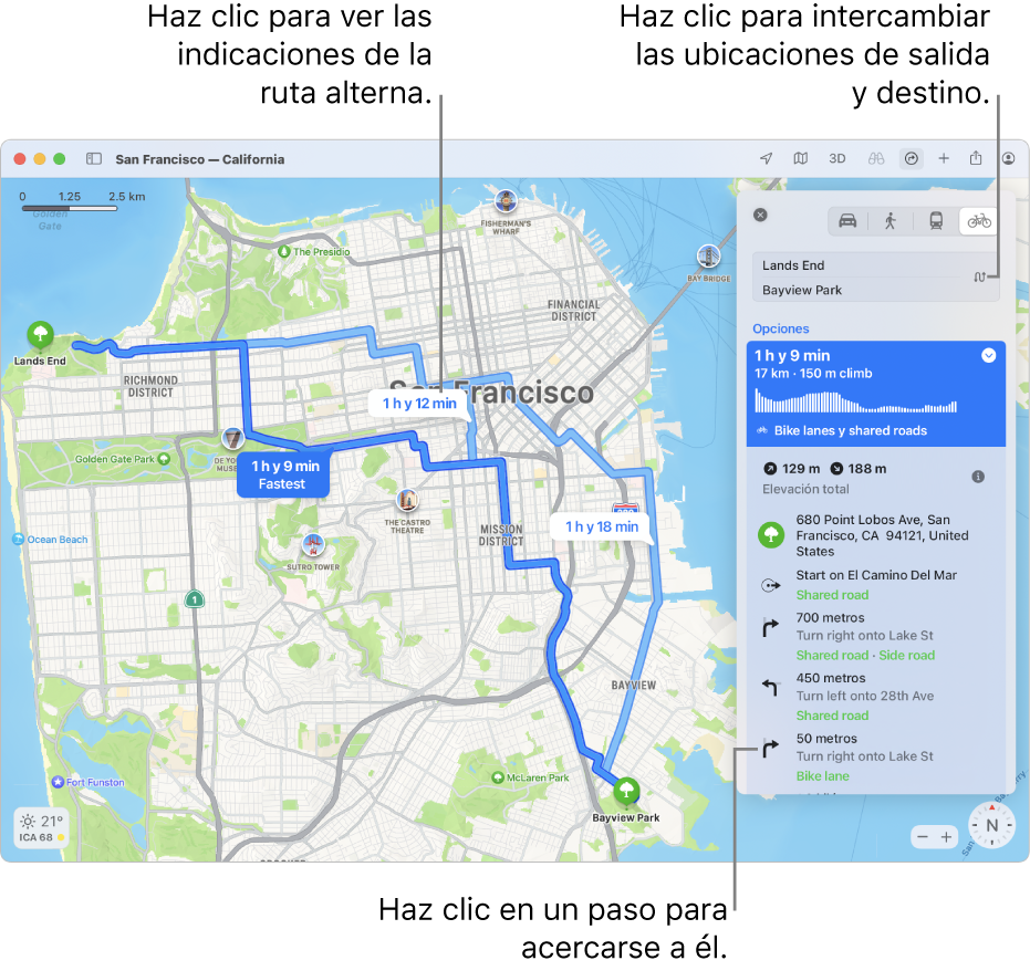 Un mapa de San Francisco con indicaciones de ruta en bicicleta, incluyendo la elevación y el tráfico.