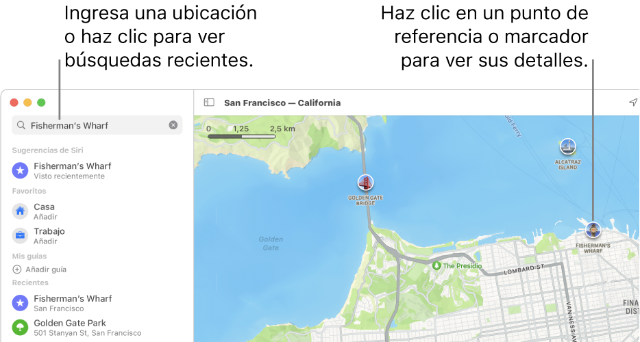 Introduce la ubicación en el campo de búsqueda o haz clic en ella para ver las búsquedas recientes. Haz clic en un punto de referencia o chincheta para ver información.