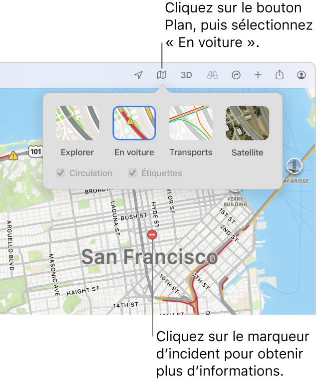 Un plan de San Francisco avec les optons du plan affichées, la case Circulation cochée, et les incidents de circulation sur le plan.