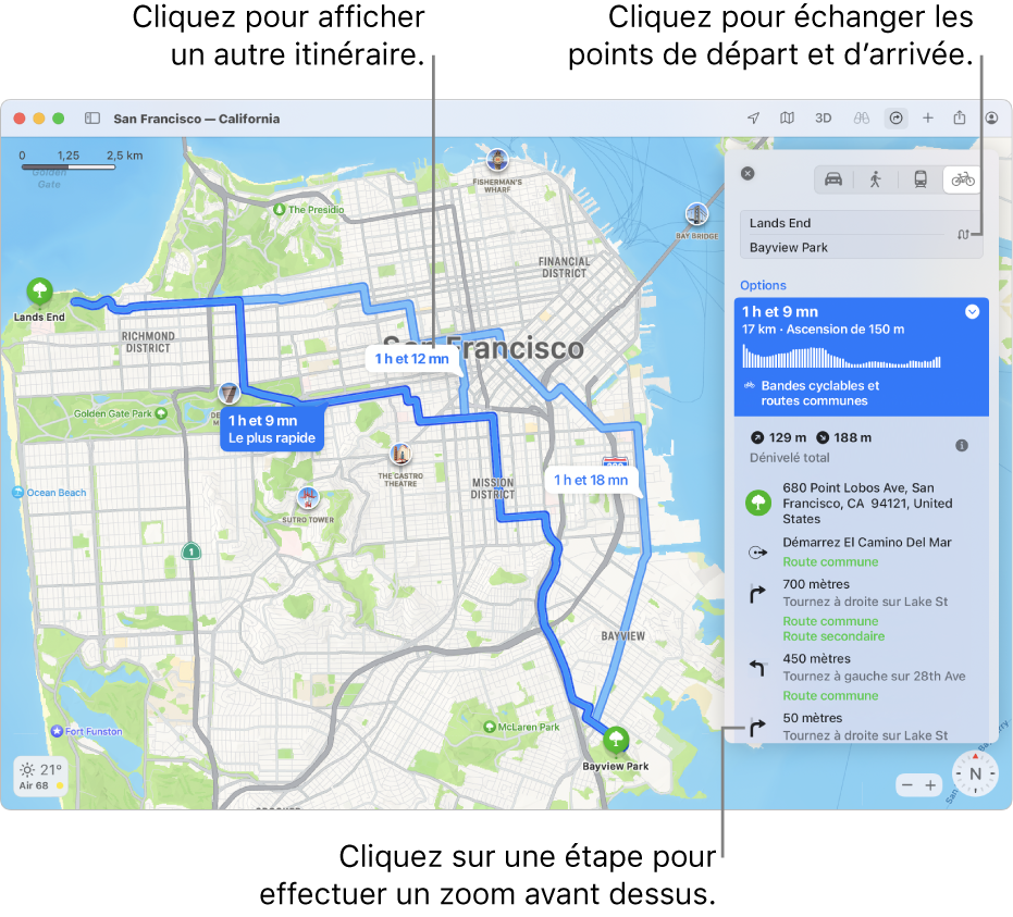 Un plan de San Francisco affichant un itinéraire à vélo, avec les informations relatives au dénivelé et à la circulation.