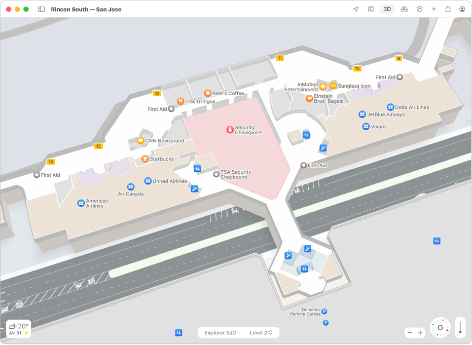 Un plan de l’aéroport international de San José avec une fiche descriptive affichant la durée du trajet en voiture jusqu’à l’aéroport, l’adresse, les horaires d’ouverture, et d’autres informations.