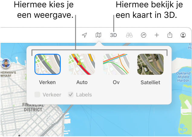 Een kaart van San Francisco met weergaveopties: 'Standaard', 'Ov', 'Satelliet' en '3D'.