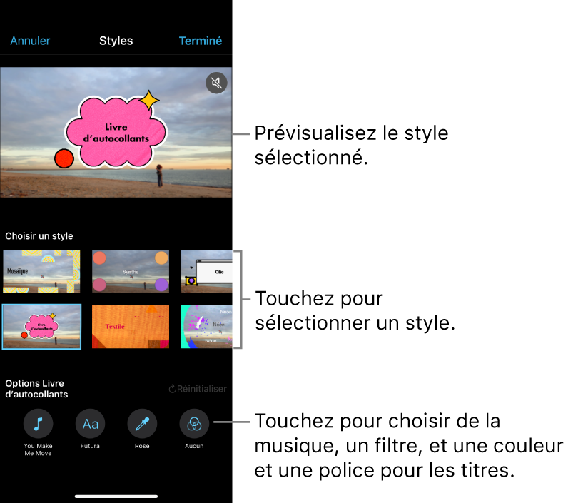 Le visualiseur affichant un aperçu d’un style sélectionné, avec des options de style en dessous. Des boutons pour ajouter de la musique, sélectionner une couleur et une police pour les titres et ajouter un filtre se trouvent en bas de l’écran.