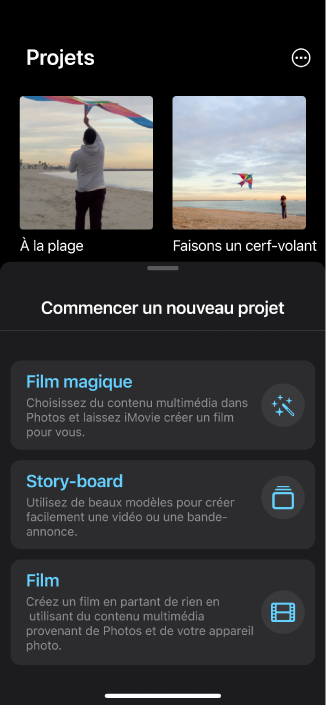 Le navigateur de projets affichant des vignettes de projets existants avec en dessous un bouton « Commencer un nouveau projet ».