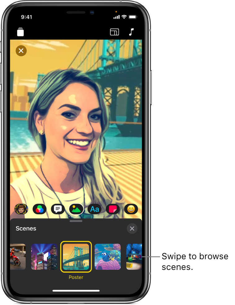 A Selfie Scene in the viewer, with scene options below.