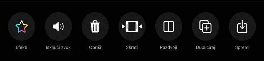 Tipke koje se pojavljuju ispod preglednika kad se odabere isječak. Slijeva nadesno tipke su Efekti, Isključi zvuk, Obriši, Skrati, Razdvoji, Dupliciraj i Spremi isječak.