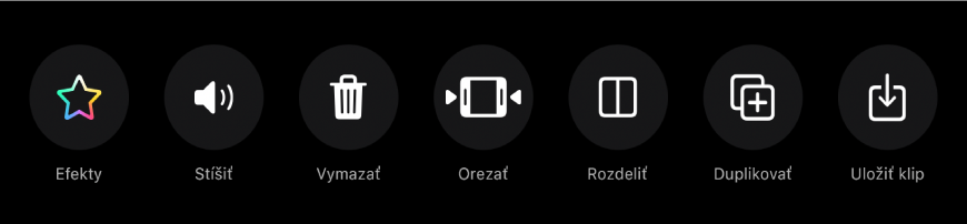 Tlačidlá, ktoré sa zobrazujú pod zobrazovačom, keď je klip označený. Zľava doprava sú to tlačidlá Efekty, Stlmiť, Vymazať, Orezať, Rozdeliť, Duplikovať a Uložiť klip.