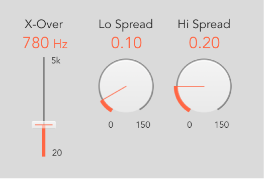 The Space Designer X-Over, Lo Spread, and Hi Spread controls.