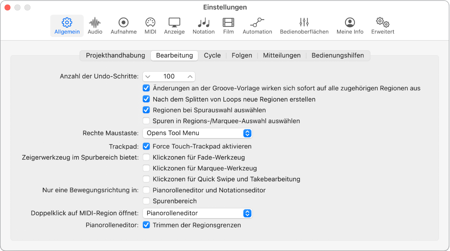 Abbildung. Einstellungsbereich „Allgemein“ > „Bearbeitung“