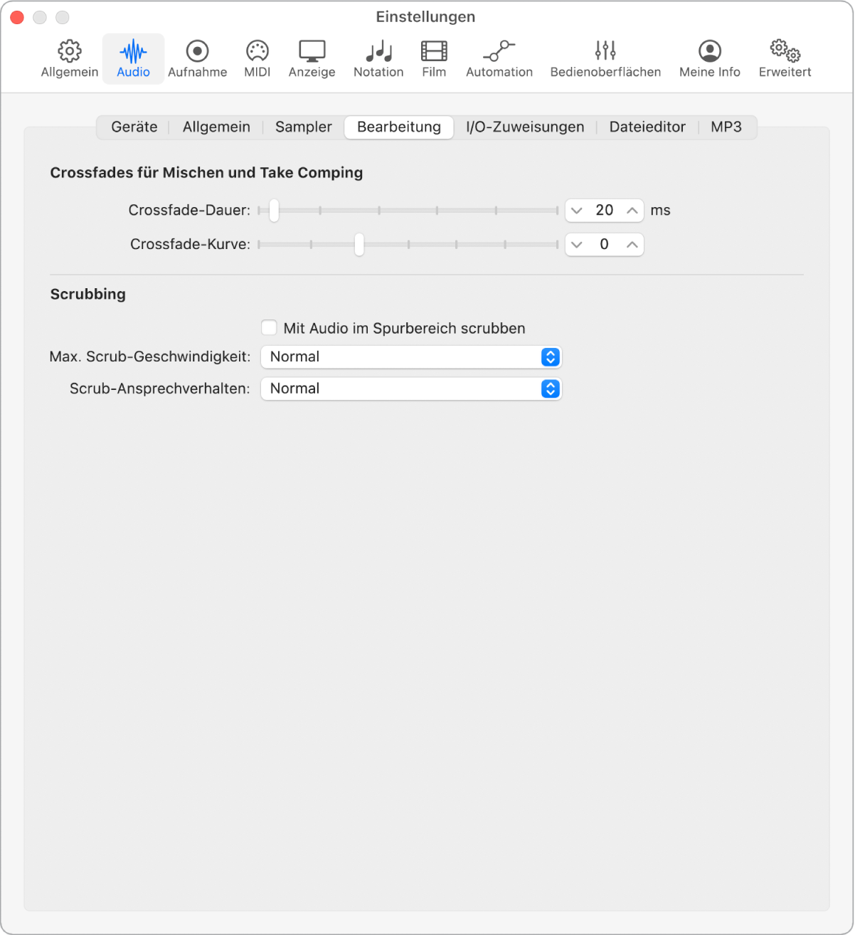 Abbildung. Einstellungsbereich „Audio“ > „Bearbeitung“