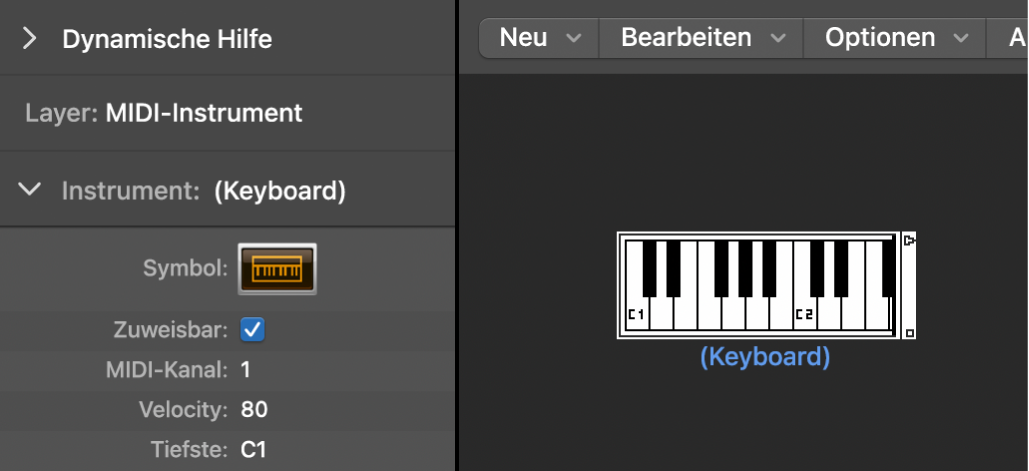 Abbildung. Environment-Fenster mit Anzeige eines Keyboard-Objekts und des zugehörigen Informationsfensters