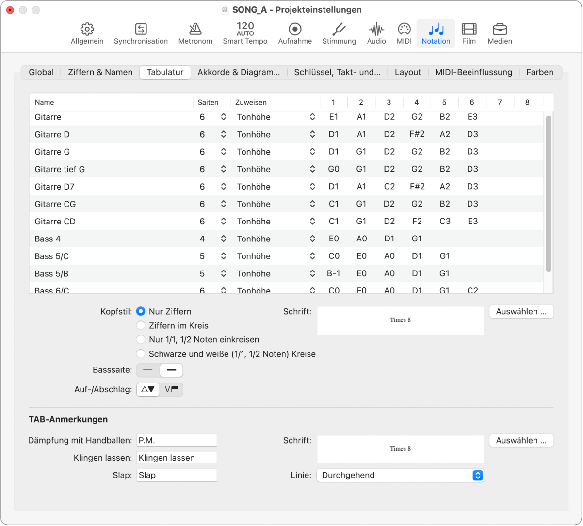 Abbildung. Projekteinstellungsbereich „Notation“ > „Tabulatur“