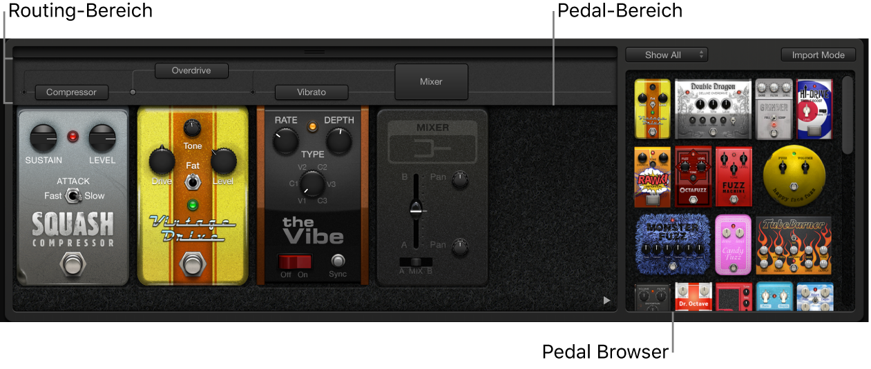 Abbildung. Pedalboard-Fenster mit Oberflächenbereichen