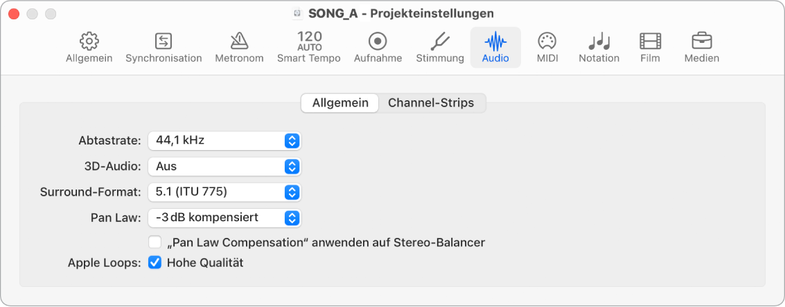 Abbildung. Projekteinstellungsbereich „Audio“ > „Allgemein“.