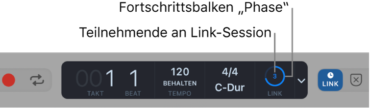 Abbildung. LCD mit Anzeige der Ableton Link-Synchronisierung und der Anzahle der Teilnehmer der Sitzung