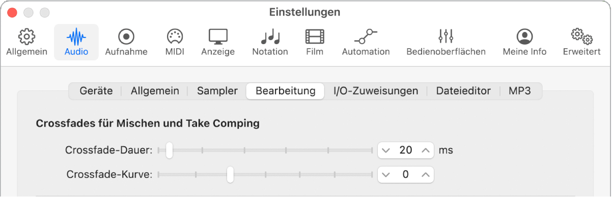 Abbildung. Audiobearbeitungseinstellungen mit Crossfade-Parametern