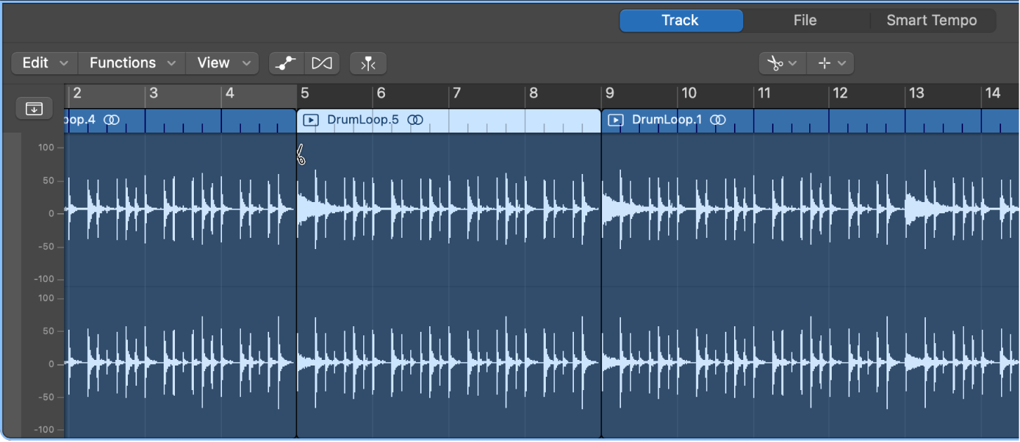 Figure. Splitting region in the Audio Track Editor using the Scissors tool.