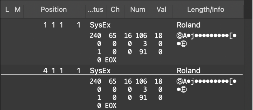 Figure. Event List showing sysex events.