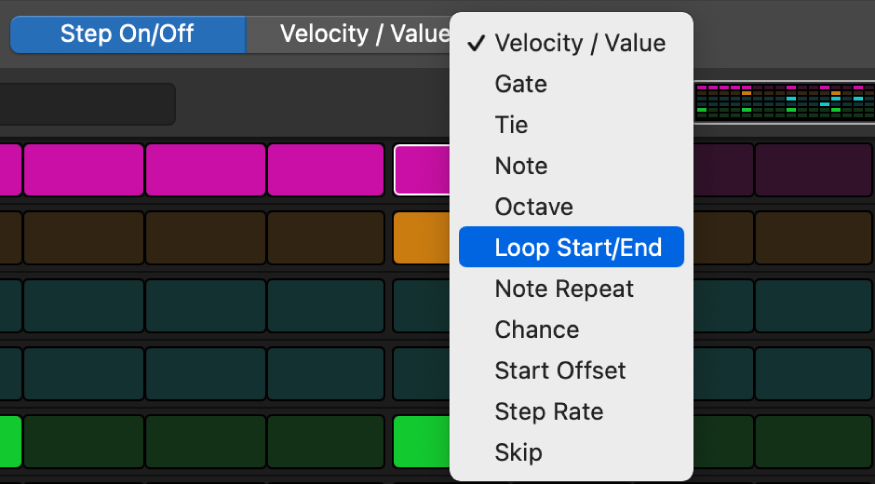 Step Sequencer Edit Mode selector, showing different edit modes.