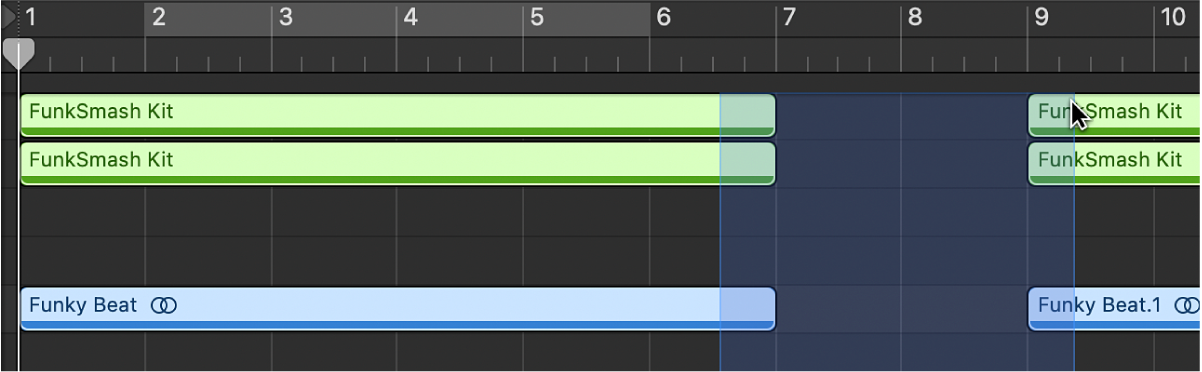 Figure. Tracks area showing multiple region selections with gaps in between.