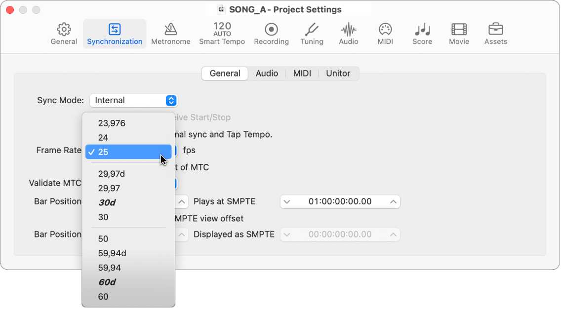 Figure. Synchronization project settings showing Frame Rate pop-up menu.