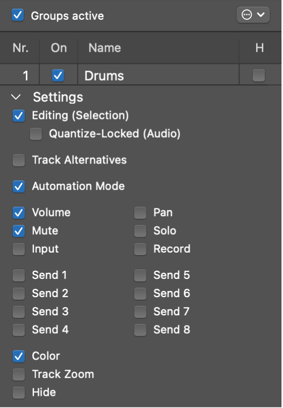 Figure. Group Settings pane with options selected.