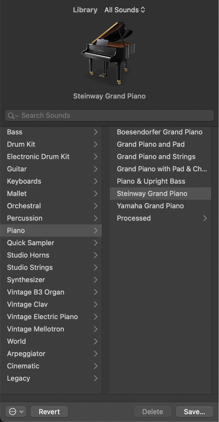 Figure. The Library with the Piano category and a Grand Piano patch selected.