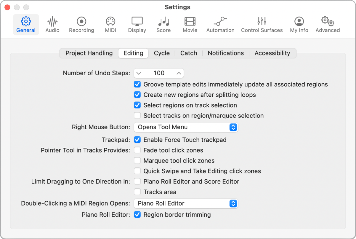 Figure. General Editing settings.