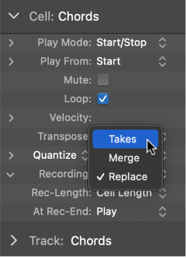 Figure. Recording pop-up menu in the Cell inspector showing the Recording modes.