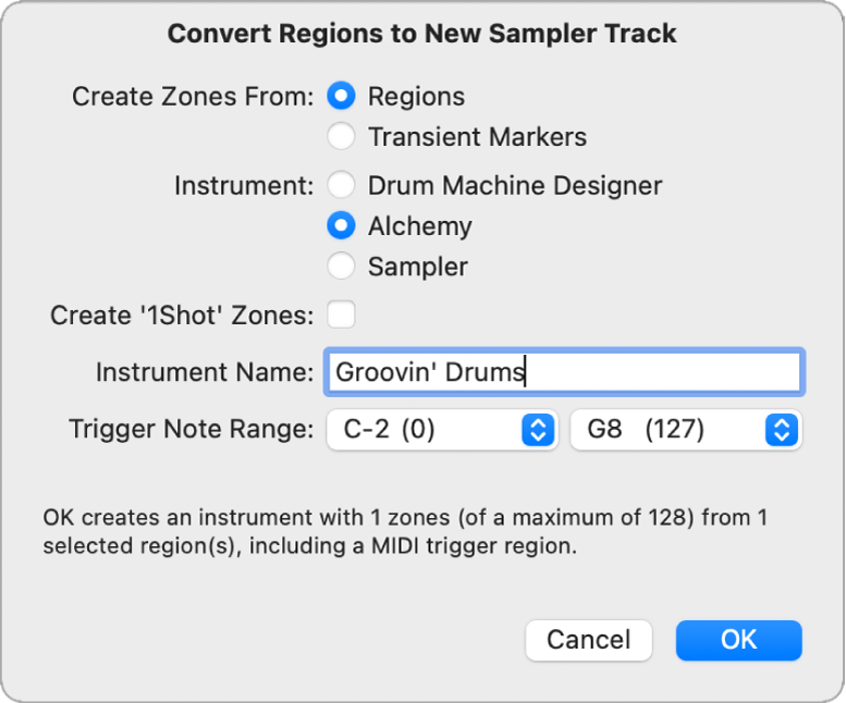 Figure. Convert Regions to New Sampler Track dialog.