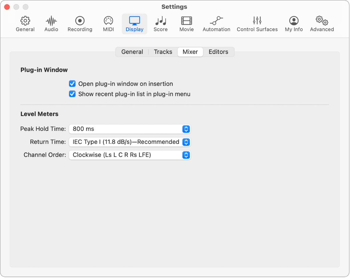 Figure. Mixer Display settings.